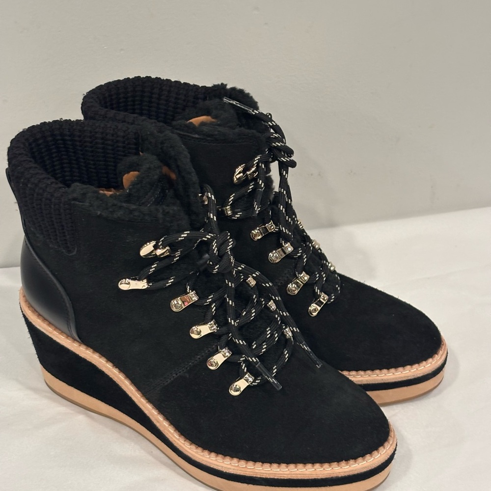 Kate Spade Willow Wedge Black Suede  and Tan Lace Up Boots - Picture 5 of 10